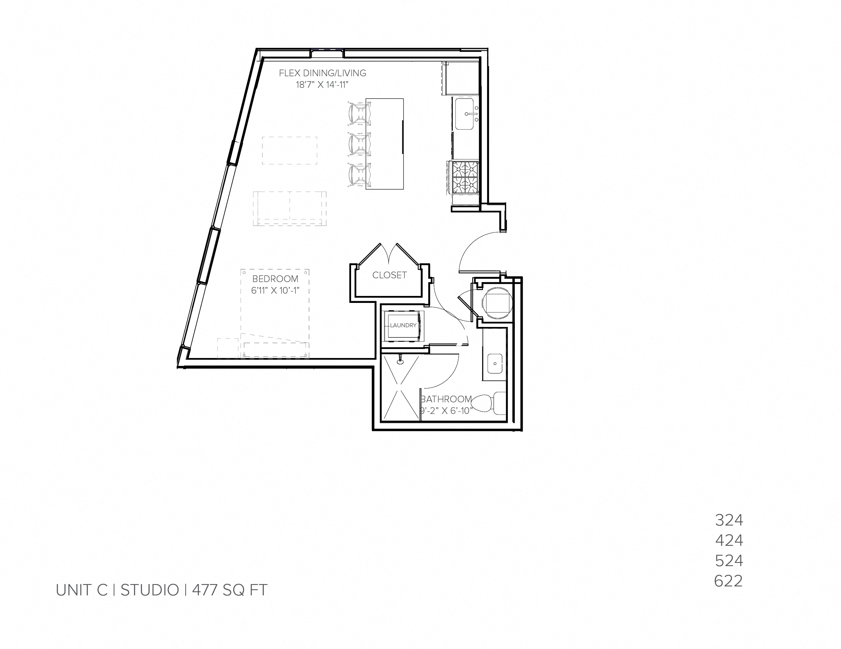 Floor plan for studio, 1 bath, 477 sqft